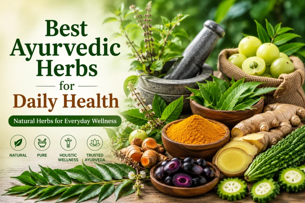 Best Ayurvedic Herbs for Daily Health including turmeric, neem, amla, ginger, karela and jamun